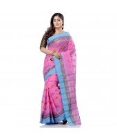 dB DESH BIDESH Women`s Traditional Bengali Tant Lotus Design Pure Handloom Cotton Saree Without Blouse Piece (Pink Blue)