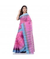 dB DESH BIDESH Women`s Traditional Bengali Tant Lotus Design Pure Handloom Cotton Saree Without Blouse Piece (Pink Blue)