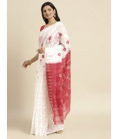 Handloom Tant Soft Dhakai Jamdani Cotton Saree Whole Body Design Without Blouse Piece (White Red Achal) 