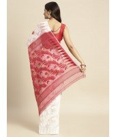 Handloom Tant Soft Dhakai Jamdani Cotton Saree Whole Body Design Without Blouse Piece (White Red Achal) 