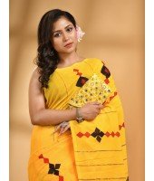 Khesh Pure Cotton Handloom Saree Diamond Designed With Blouse Piece(Yellow)