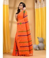  Women`s Bengali Khesh Pure Cotton Handloom Saree Diamond Designed With Blouse Piece(Orange)