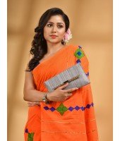  Women`s Bengali Khesh Pure Cotton Handloom Saree Diamond Designed With Blouse Piece(Orange)