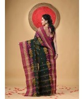 Traditional Pure Handloom Cotton Saree Flower Leaf Kolka Woven Design Without Blouse Piece (Green)