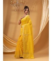 Tant Cotton Silk Handloom Cotton Saree Flowting Leaves Work With Blouse Piece (yellow)