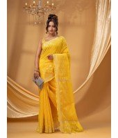 Tant Cotton Silk Handloom Cotton Saree Flowting Leaves Work With Blouse Piece (yellow)