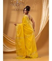 Tant Cotton Silk Handloom Cotton Saree Flowting Leaves Work With Blouse Piece (yellow)