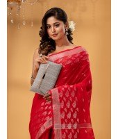 Tant Cotton Silk Handloom Cotton Saree Flowting Leaves Work With Blouse Piece (Red)