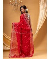 Tant Cotton Silk Handloom Cotton Saree Flowting Leaves Work With Blouse Piece (Red)