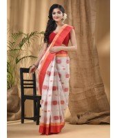 Bengal Fuleswari Woven Designer Pure Handloom Cotton Saree (White Red)