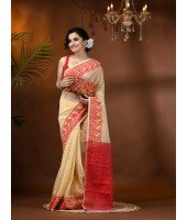 Resham Dhakai Jamdani Cotton Handloom Saree Hajar Buti Design Jamdani Saree(Cream Red)