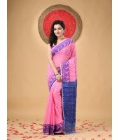Resham Dhakai Jamdani Cotton Handloom Saree Hajar Buti Design Jamdani Saree(Pink Blue)