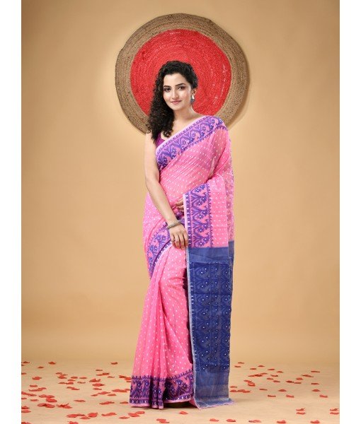 Resham Dhakai Jamdani Cotton Handloom Saree Hajar Buti Design Jamdani Saree(Pink Blue)