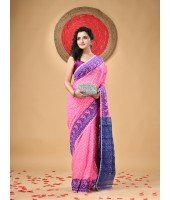Resham Dhakai Jamdani Cotton Handloom Saree Hajar Buti Design Jamdani Saree(Pink Blue)