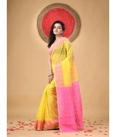  Resham Dhakai Jamdani Cotton Handloom Saree Hajar Buti Design Jamdani Saree (Yellow Pink)