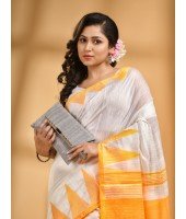 Bengali Handloom Tant Pure Cotton Saree Temple Par Desigined With Blouse Piece (Yellow White)