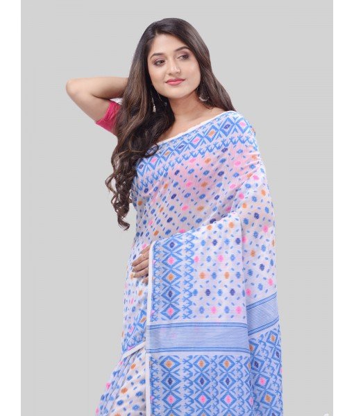 DESH BIDESH Women`s Hirokduti Resham Dhakai jamdani Bengal Pure Cotton Handloom Saree Whole Body Design without Blouse Piece (Blue White) 