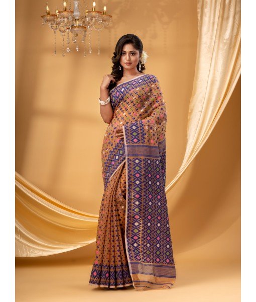  Hirokduti Resham Dhakai jamdani Bengal Pure Cotton Handloom Saree Whole Body Design without Blouse Piece(Orange Blue)