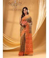 Hirokduti Resham Dhakai jamdani Bengal Pure Cotton Handloom Saree without Blouse Piece (Gray Orange)