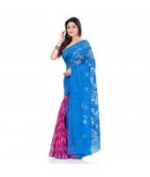 dB Desh Bidesh Women`s Bengal Handloom Tant Soft Dhakai Jamdani Cotton Saree Whole Body Design (Blue Pink)