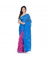 dB Desh Bidesh Women`s Bengal Handloom Tant Soft Dhakai Jamdani Cotton Saree Whole Body Design (Blue Pink)