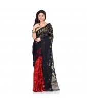dB Desh Bidesh Women`s Bengal Handloom Tant Soft Dhakai Jamdani Cotton Saree Whole Body Design (Red Black)