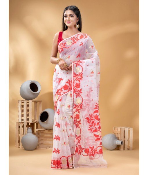  Kaveri Flower Design Dhakai jamdani Bengal Pure Cotton Handloom Saree Whole Body Design (Red White)