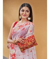  Kaveri Flower Design Dhakai jamdani Bengal Pure Cotton Handloom Saree Whole Body Design (Red White)