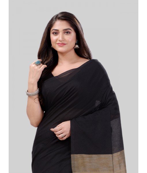 DESH BIDESH Women`s Khadi Cotton Handloom RupSagar Design Saree Without Blouse Piece(Black)