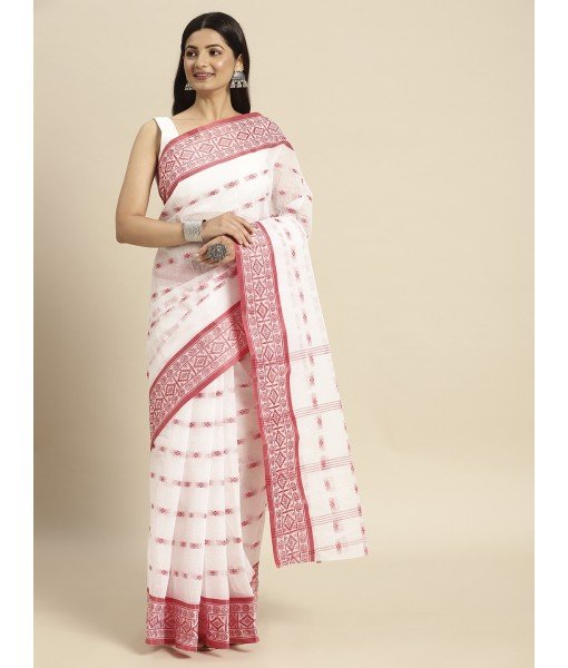 Tant Woven Lal Paar Sada Design Pure Handloom Cotton Saree Without Blouse Piece (Red White)