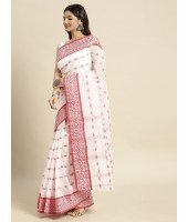 Tant Woven Lal Paar Sada Design Pure Handloom Cotton Saree Without Blouse Piece (Red White)