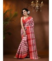 Madhabilata Print Design Pure Handloom Cotton Saree Without Blouse Piece(Red)