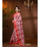 Madhabilata Print Design Pure Handloom Cotton Saree Without Blouse Piece(Red)