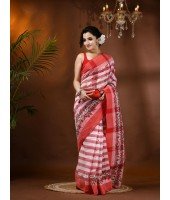 Madhabilata Print Design Pure Handloom Cotton Saree Without Blouse Piece(Red)