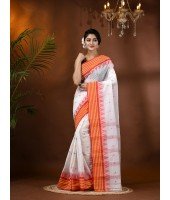  Handloom Cotton Saree Mina Pyramid Woven Designer Without Blouse Piece (White)