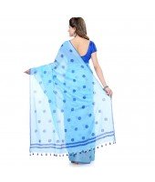 dB DESH BIDESH Women`s Traditional Soft Mulmul Bengal Handloom Pure Cotton Saree Without Blouse Piece (Sky Blue Deep Blue)