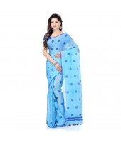 dB DESH BIDESH Women`s Traditional Soft Mulmul Bengal Handloom Pure Cotton Saree Without Blouse Piece (Sky Blue Deep Blue)