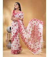 Cotton Saree Nabapatrika Design Handloom Saree with Blouse Piece (Red 