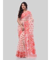 DESH BIDESH Women`s Phulkari Resham Dhakai jamdani Bengal Pure Cotton Handloom Saree Whole Body Design without Blouse Piece (Orange White)