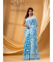 Rangabati Resham Dhakai Jamdani Pure Cotton Handloom Saree without Blouse Piece (Blue)