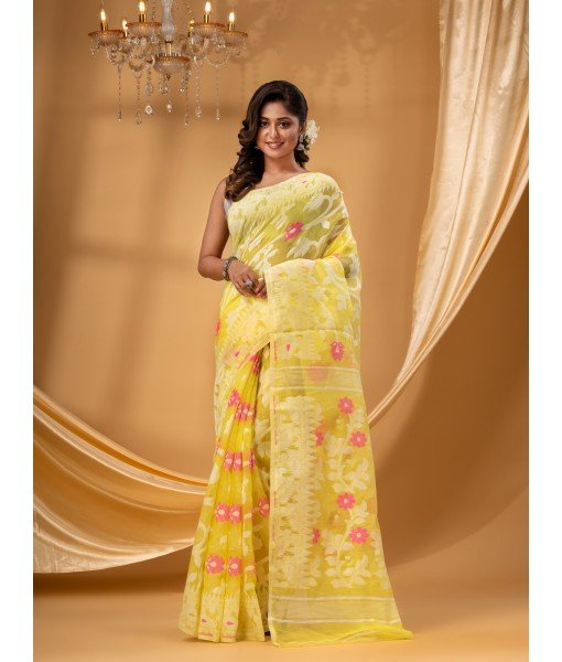 Rangabati Resham Dhakai Jamdani Pure Cotton Handloom Saree without Blouse Piece (Yellow)