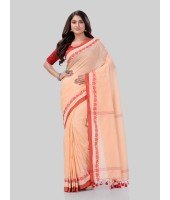DESH BIDESH Women`s Traditional Bengali Tant Handloom Cotton Saree Royel Loveria Design With Blouse Piece (Cream Red)