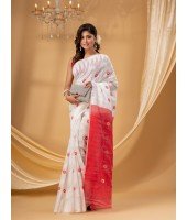  Traditional Tamarind Leaf Resham Dhakai Jamdani Pure Cotton Handloom Saree without Blouse Piece (White Red)