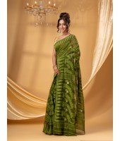 Traditional Tamarind Leaf Resham Dhakai Jamdani Pure Cotton Handloom Saree without Blouse Piece (Dark Green)