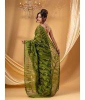 Traditional Tamarind Leaf Resham Dhakai Jamdani Pure Cotton Handloom Saree without Blouse Piece (Dark Green)