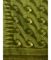Traditional Tamarind Leaf Resham Dhakai Jamdani Pure Cotton Handloom Saree without Blouse Piece (Dark Green)