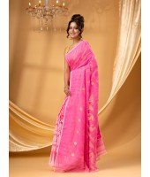 Tamarind Leaf Resham Dhakai Jamdani Pure Cotton Handloom Saree Whole Body Design without Blouse Piece(Pink)