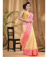  Women`s Bengal Tant Jamdani Printed Handloom Cotton Saree Without Blouse Piece (Pink)