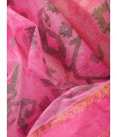  Women`s Bengal Tant Jamdani Printed Handloom Cotton Saree Without Blouse Piece (Pink)