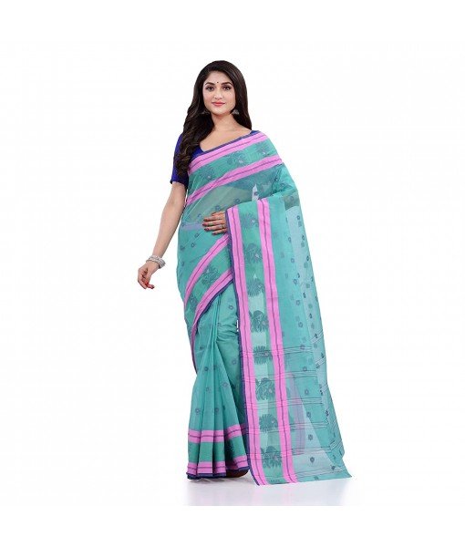 DESH BIDESH Women`s Traditional Tant Pure Handloom Cotton Saree Woven Kamal kolka Designer Without Blouse Piece(Firoza)
